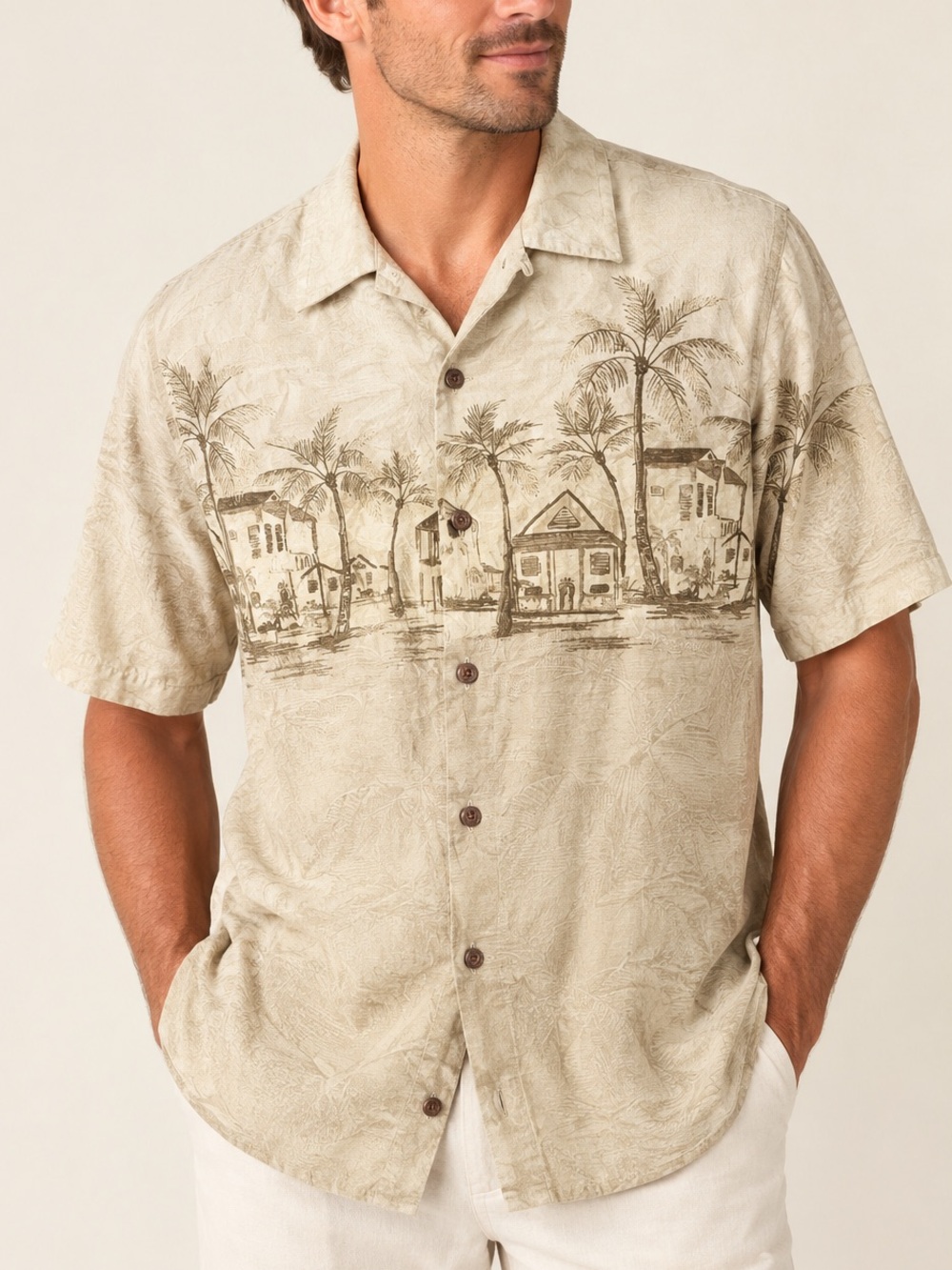 Tommy Bahama Tropical Palm Print Button Down 100% Silk Shirt Short Sleeve XL